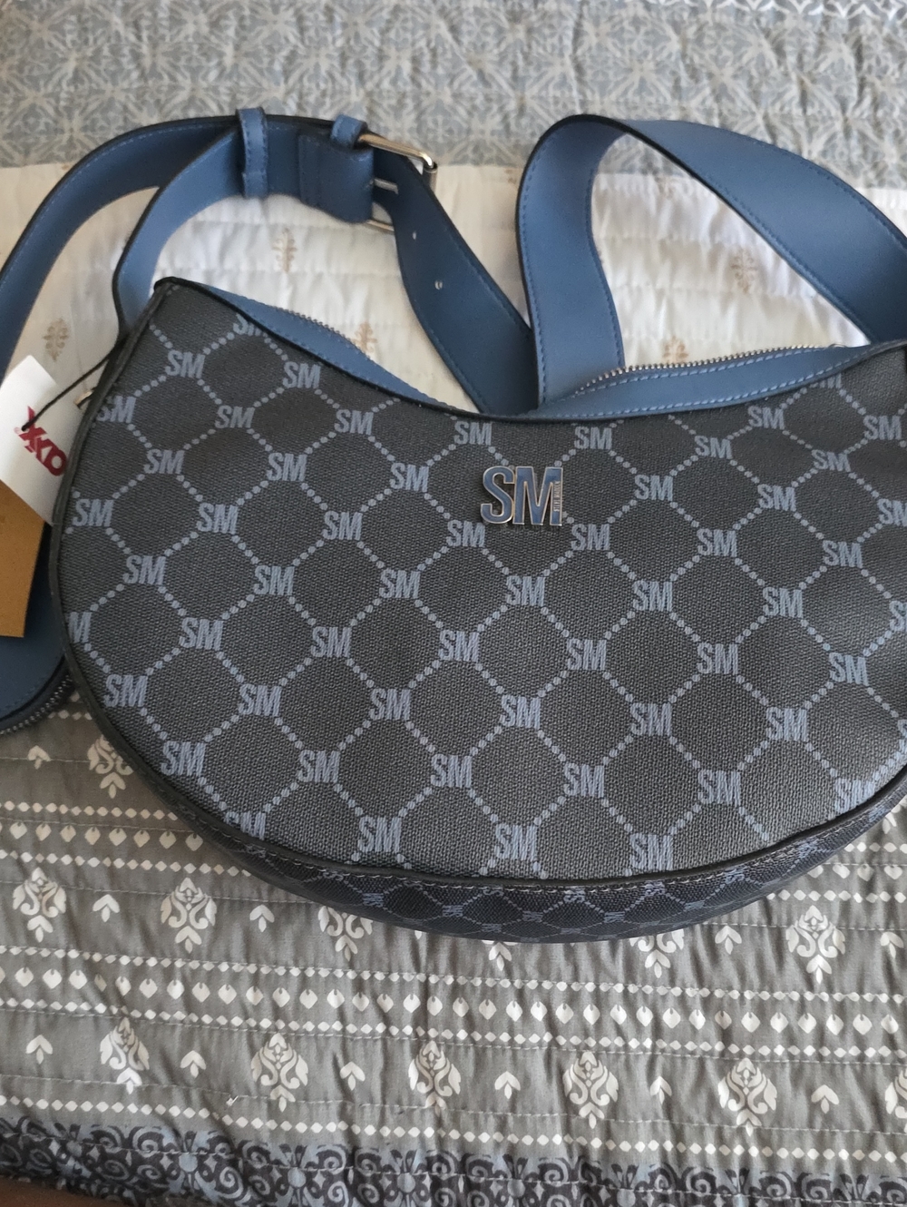 Patterned Crescent Crossbody Bag in Charcoal Gray